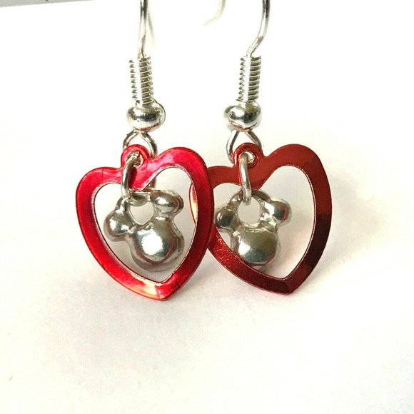 Disney Parks Mickey Mouse Icon Ears Earrings Red Heart Disneyana Silver Plated - Picture 3 of 8